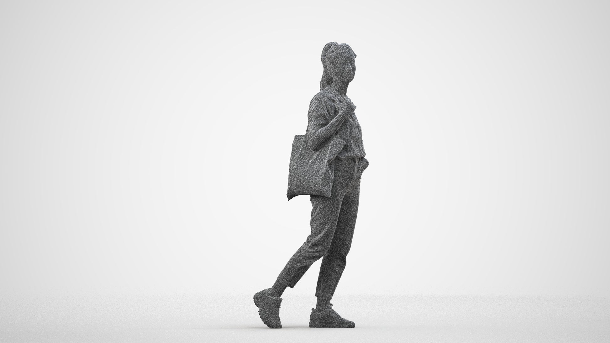 realistic 3D woman casual walking, scanned archviz people for Blender and 3ds Max, wireframe side view