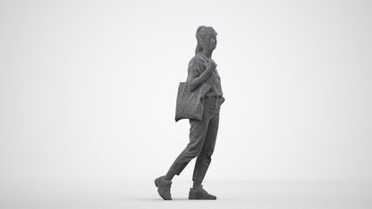 realistic 3D woman casual walking, scanned archviz people for Blender and 3ds Max, wireframe side view