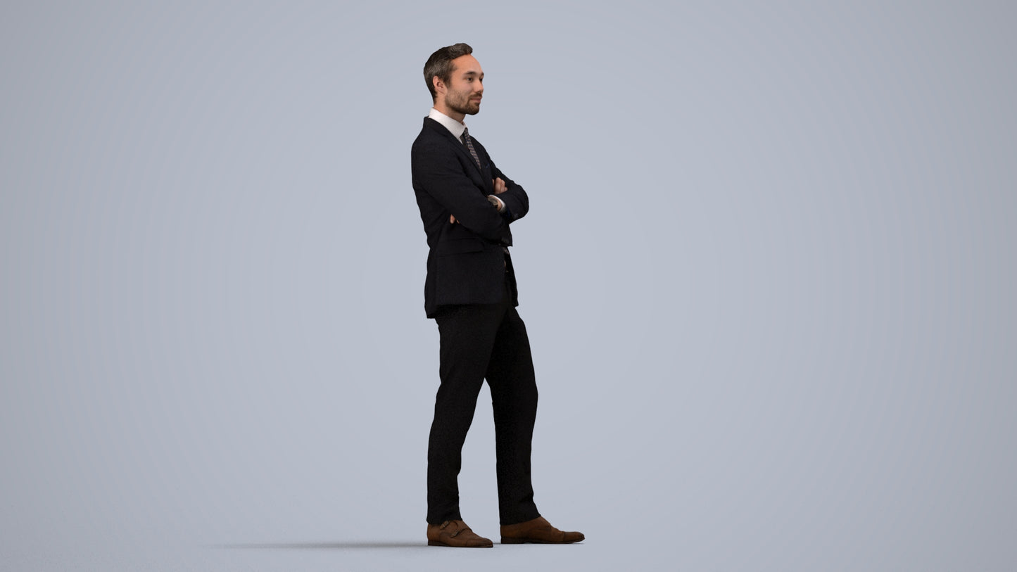 realistic 3D human man formal business, archviz people FBX OBJ for Blender, side view render