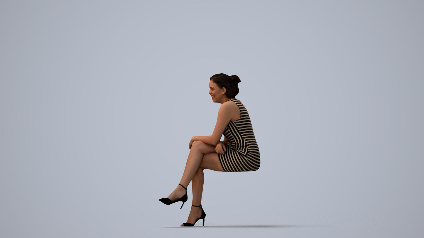 scanned 3D woman casual sitting, photogrammetry people for Enscape and V-Ray, three-quarter view render