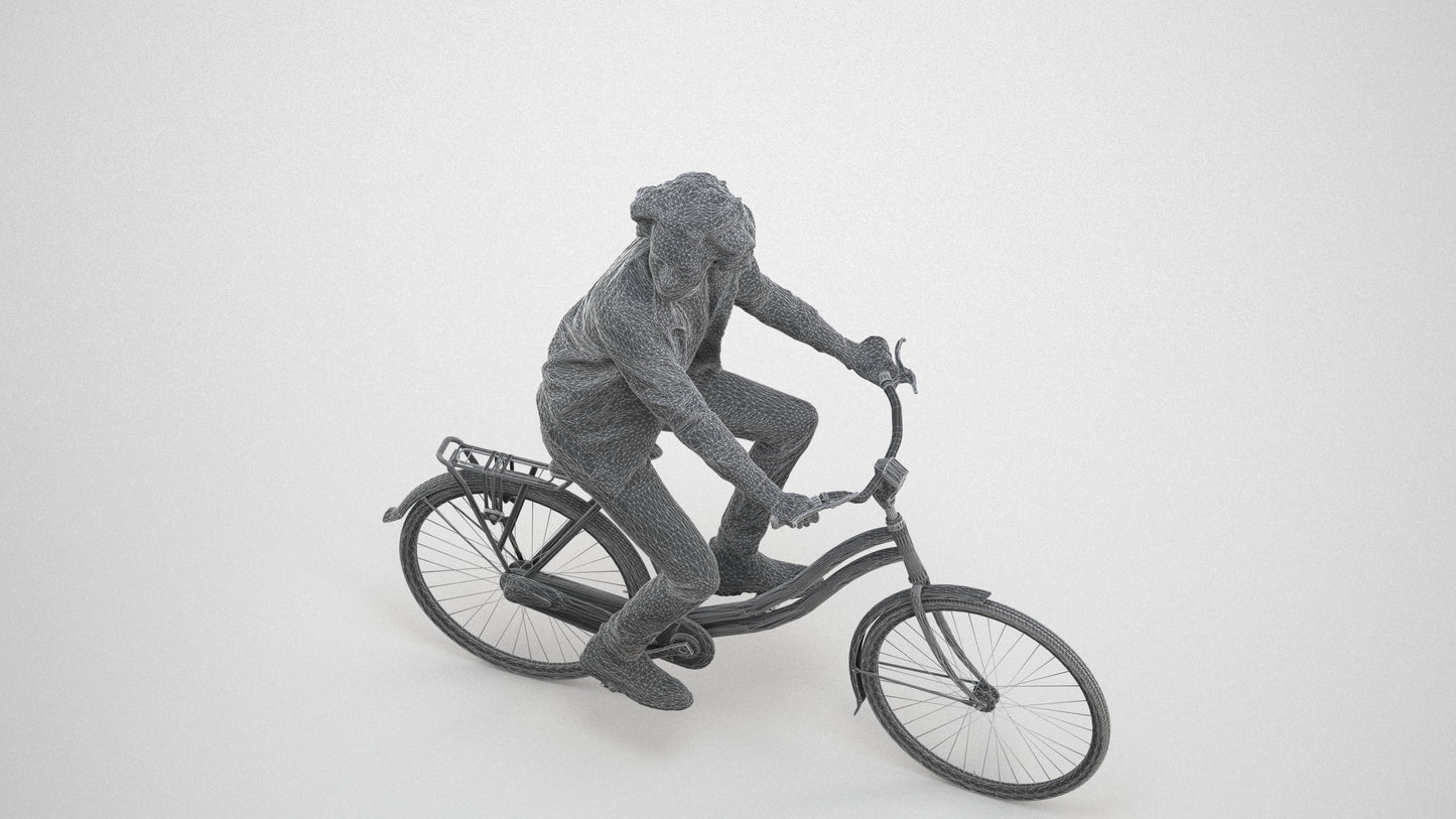 scanned 3D man casual cycling, photogrammetry people for Enscape and V-Ray, wireframe three-quarter view