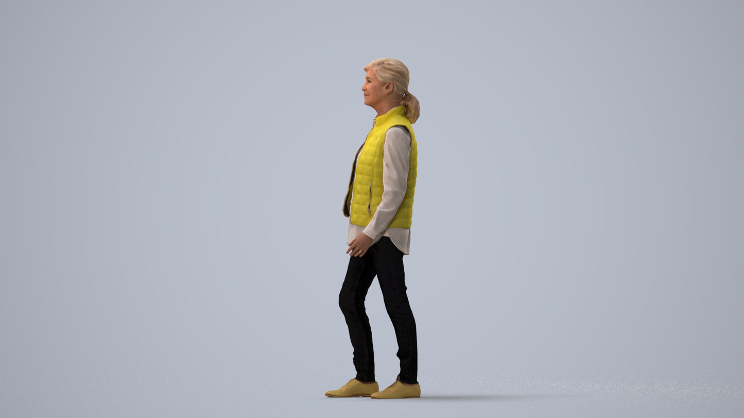 realistic 3D senior woman casual walking, scanned archviz people for Blender and 3ds Max, three-quarter view render