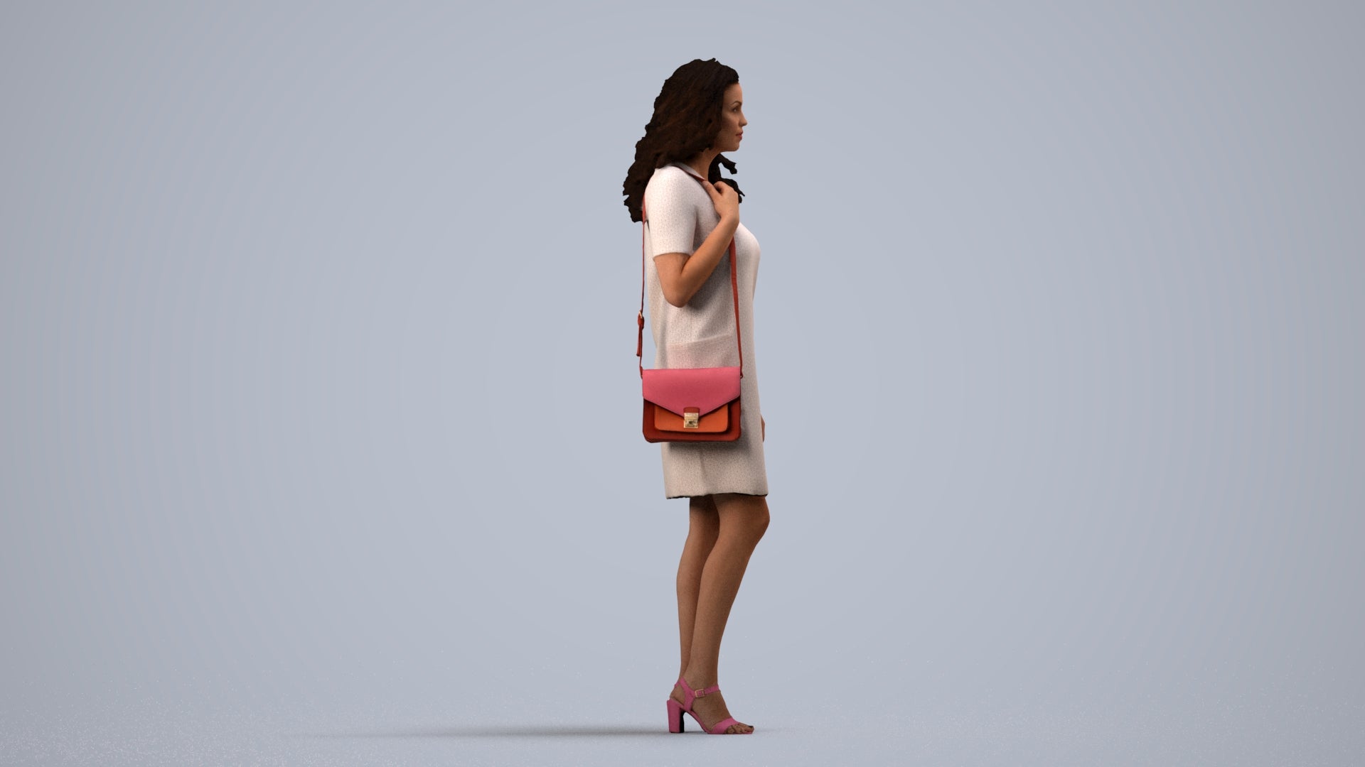 realistic 3D woman business standing, scanned archviz people for Blender and 3ds Max, side view render