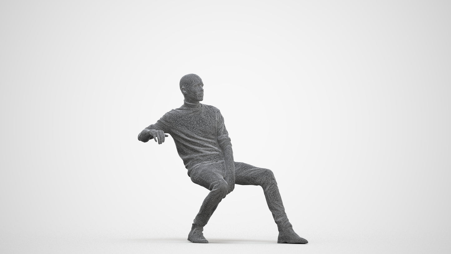 3D human model man casual sitting, photogrammetry scanned person for archviz, three-quarter front view render