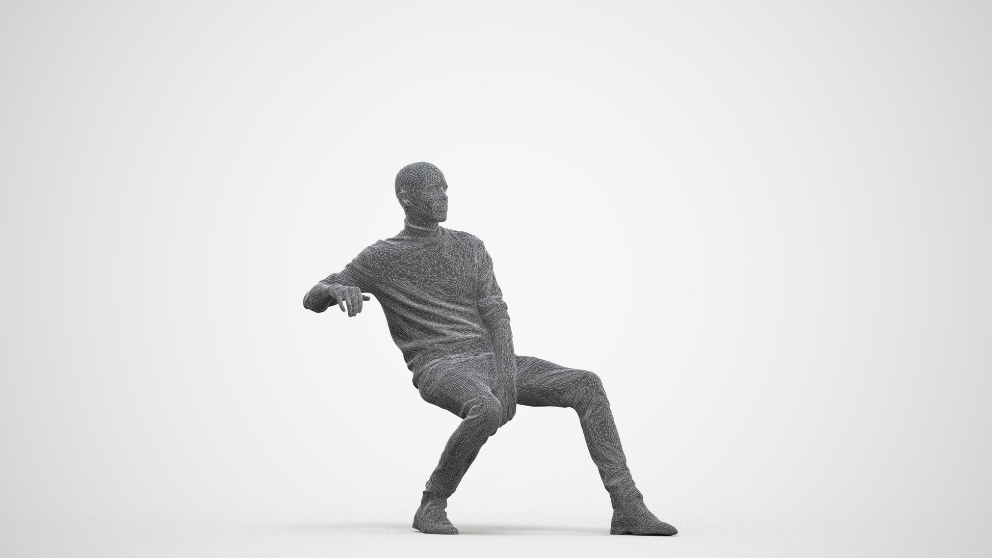 3D human model man casual sitting, photogrammetry scanned person for archviz, three-quarter front view render