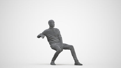 3D human model man casual sitting, photogrammetry scanned person for archviz, three-quarter front view render