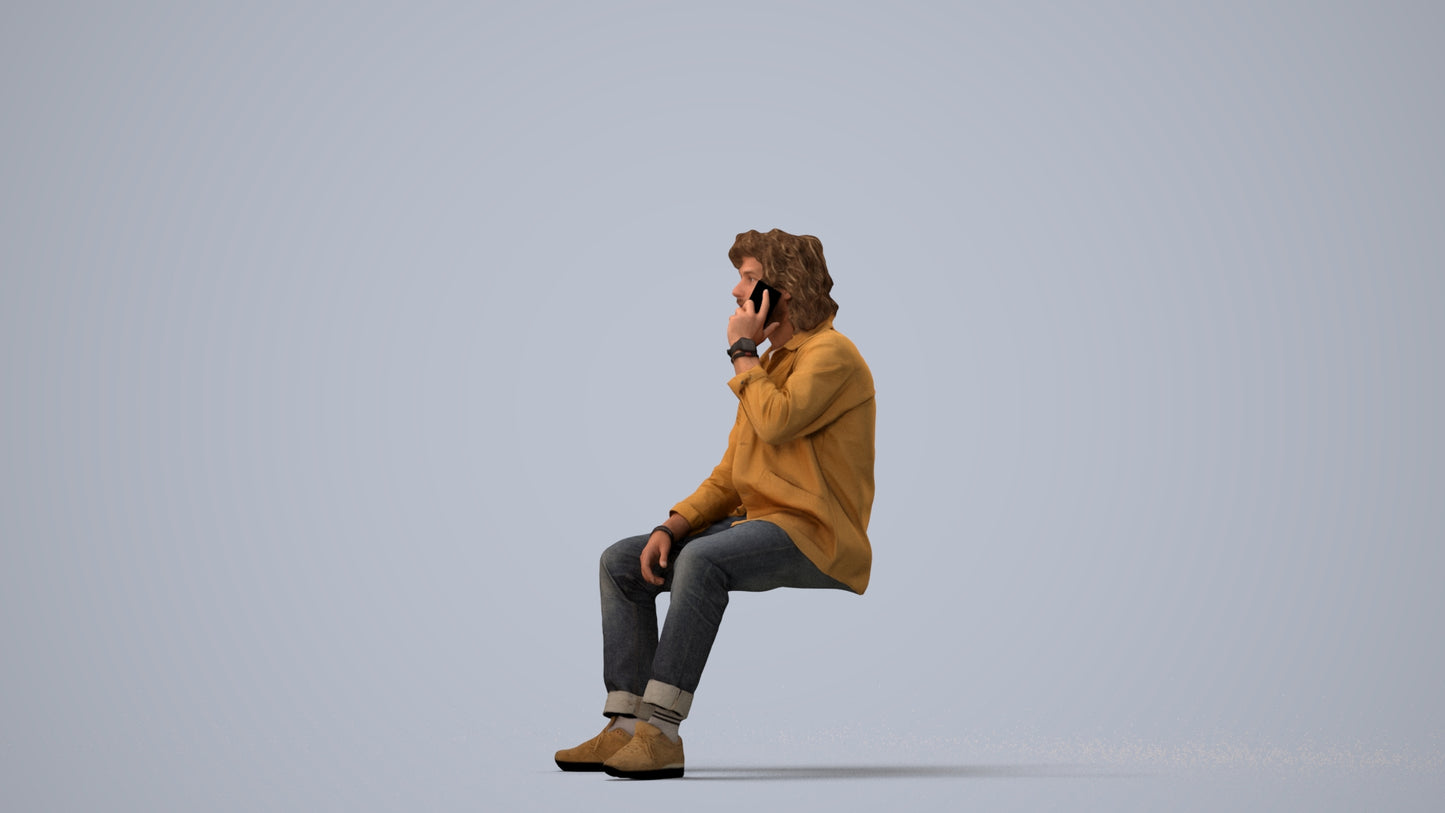 3D human model man casual sitting, photogrammetry scanned person for archviz, three-quarter view render