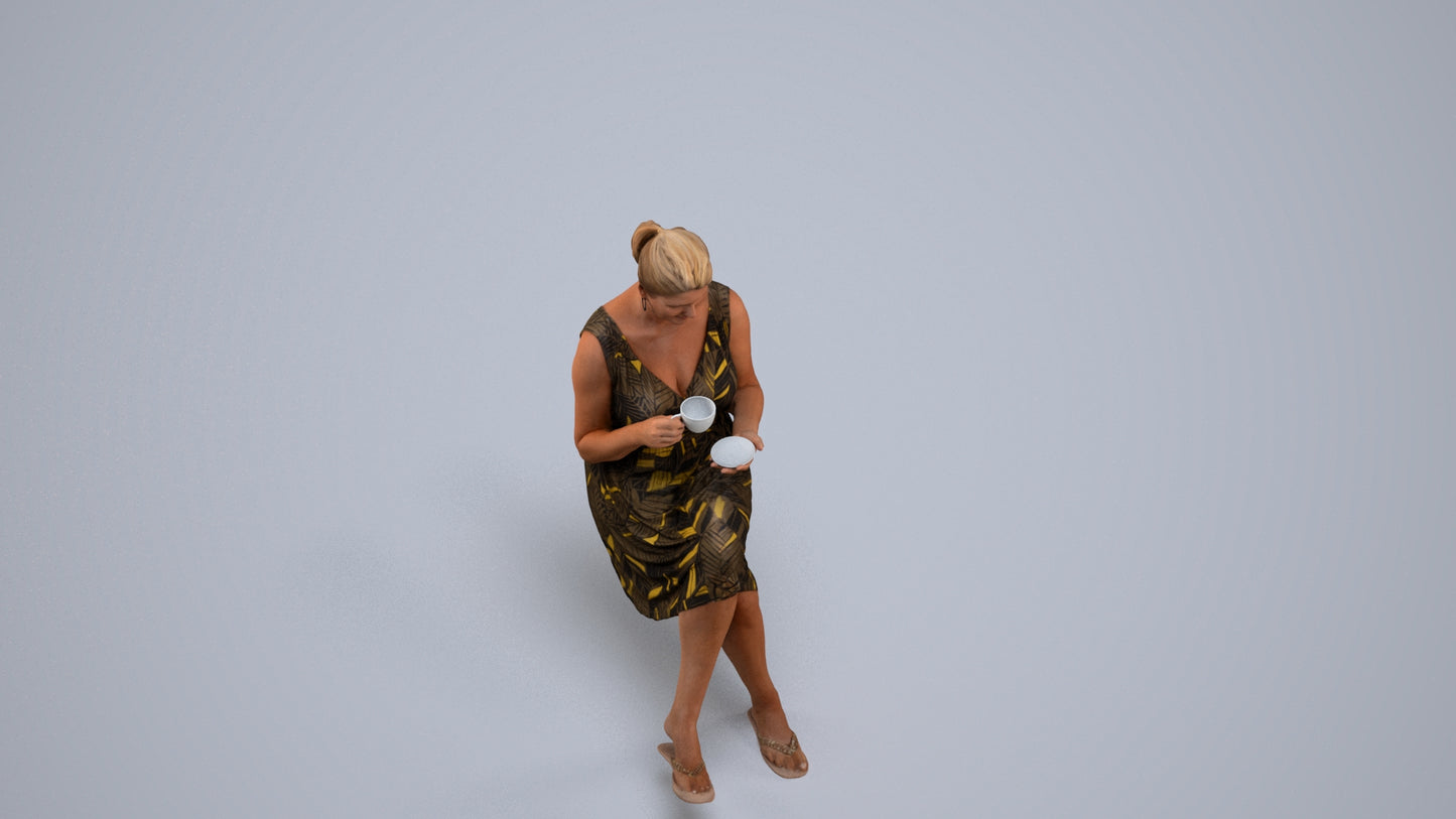 3D scanned woman sitting casual, photorealistic archviz people for Enscape and SketchUp, back view render