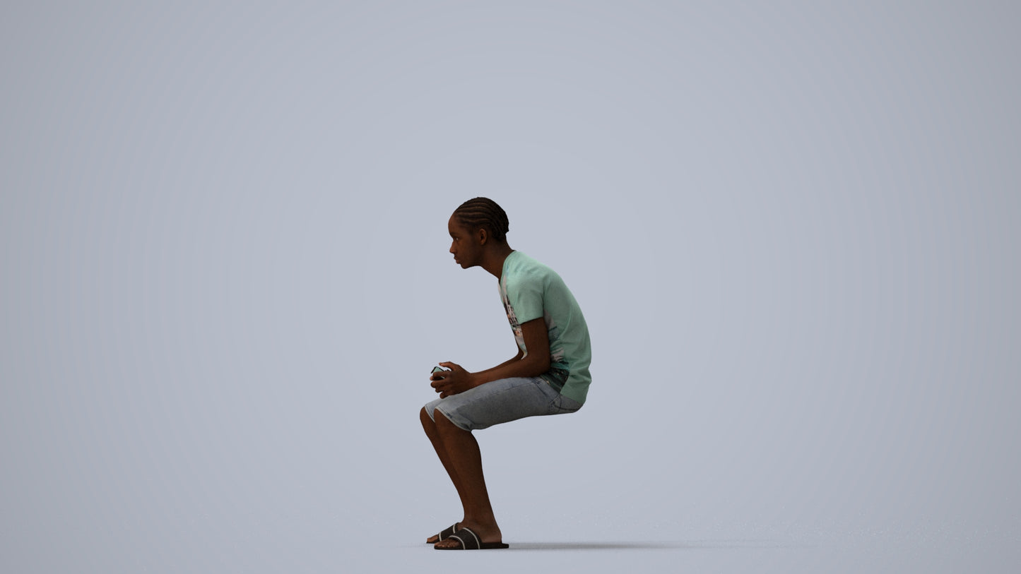 3D human model boy casual kids, photogrammetry scanned person for archviz, three-quarter view render