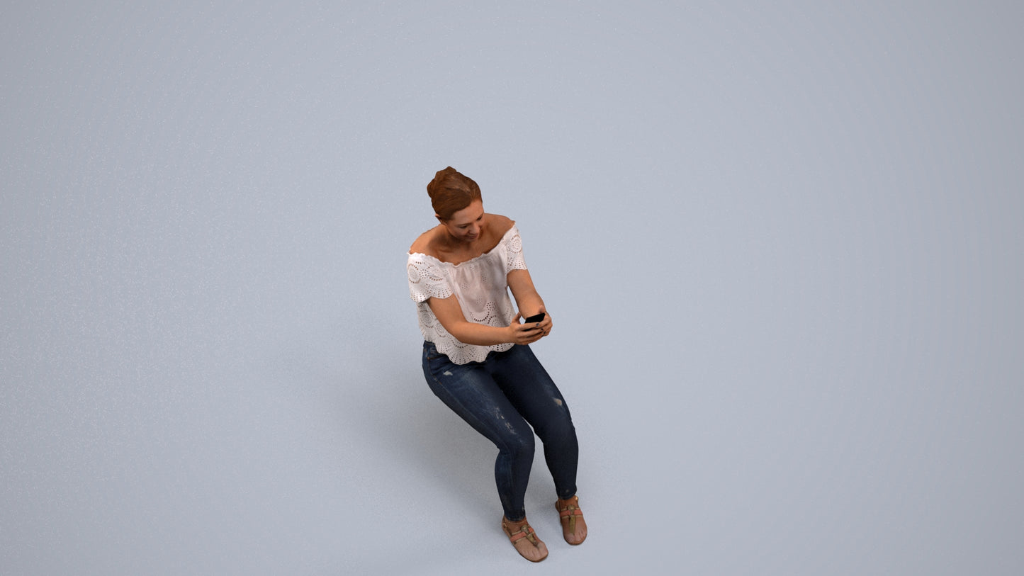 photogrammetry 3D woman casual sitting, realistic human model archviz FBX, back view render