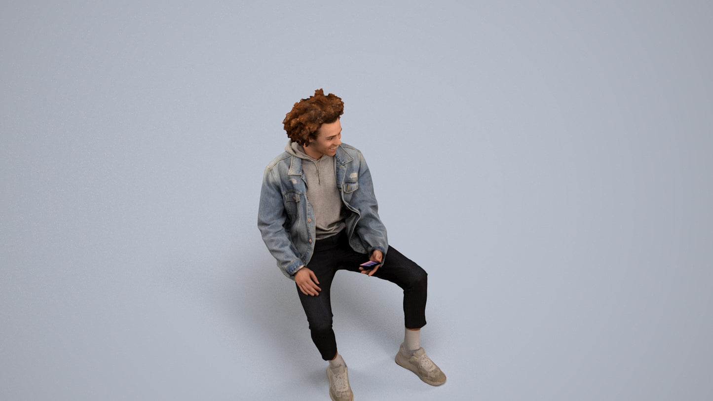3D people model man casual sitting, scanned human for 3ds Max rendering, back view render
