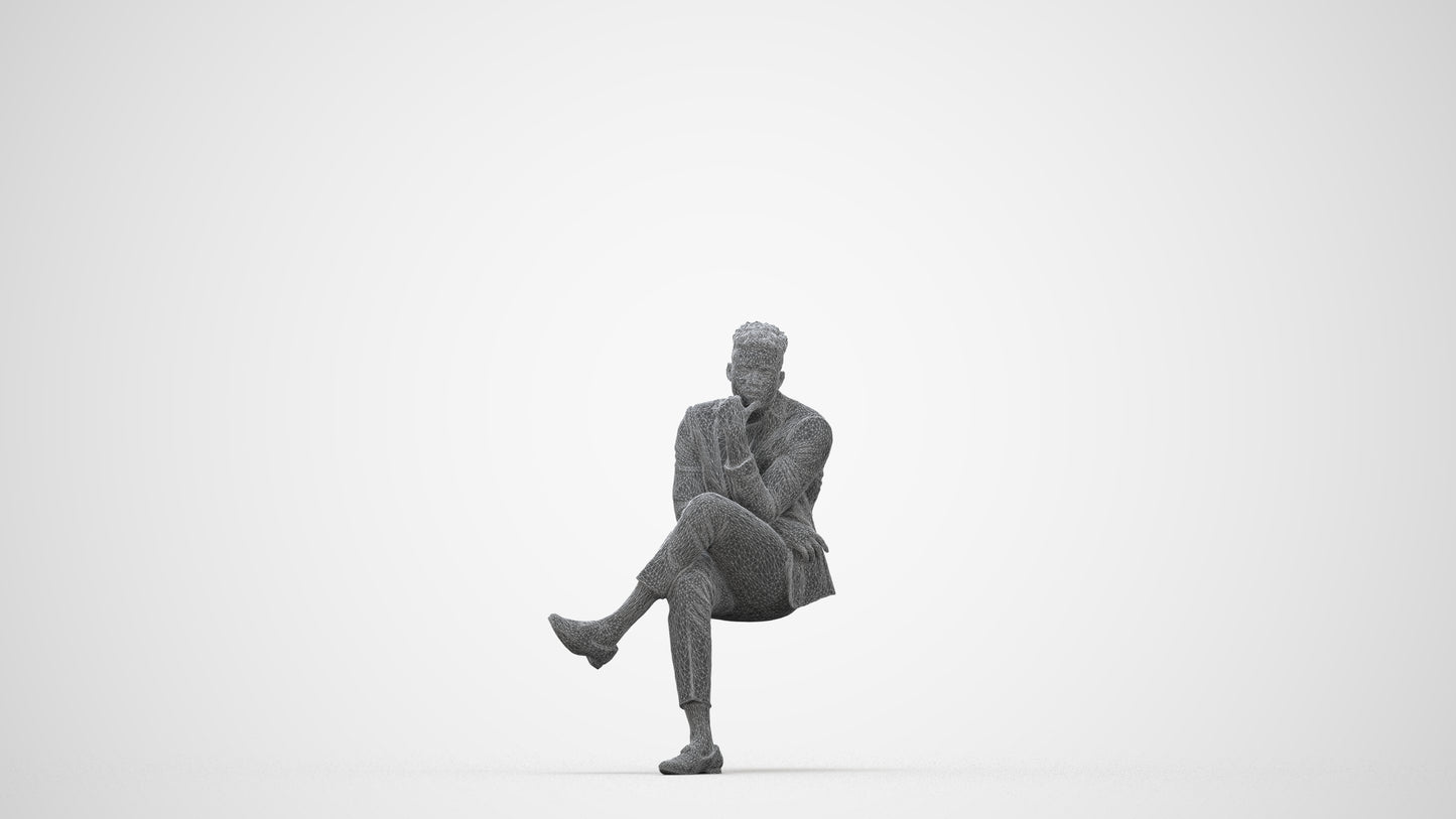scanned 3D man casual sitting, photogrammetry people for Enscape and V-Ray, wireframe back view