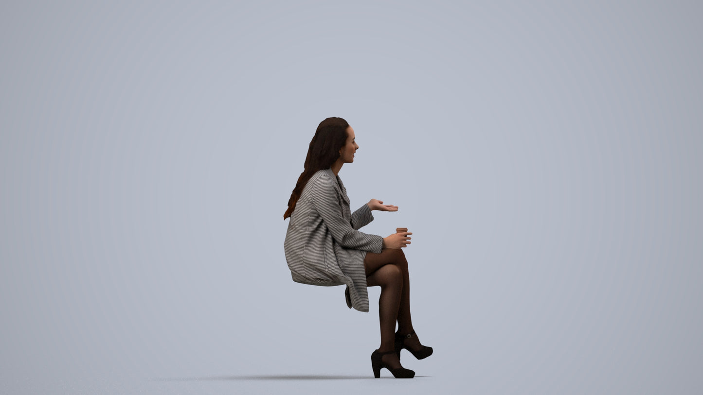 3D human model woman business sitting, photogrammetry scanned person for archviz, side view render