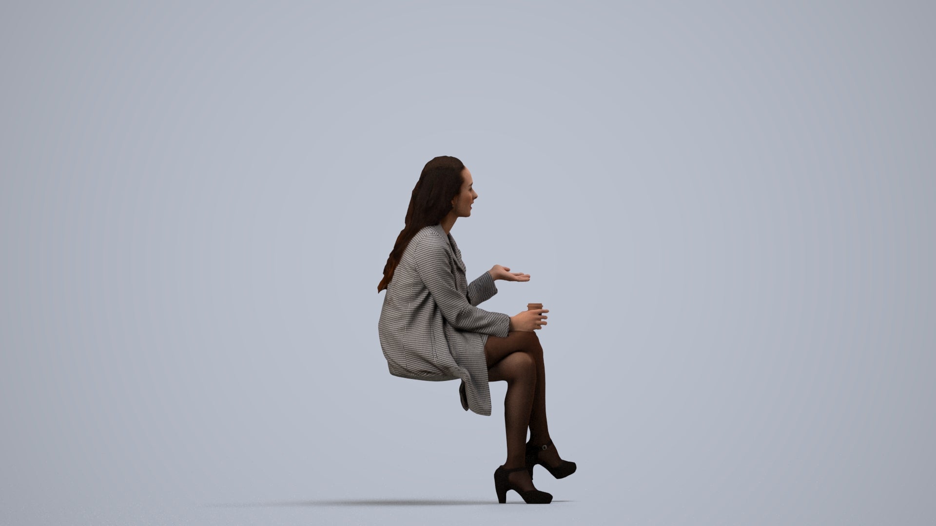 3D human model woman business sitting, photogrammetry scanned person for archviz, side view render