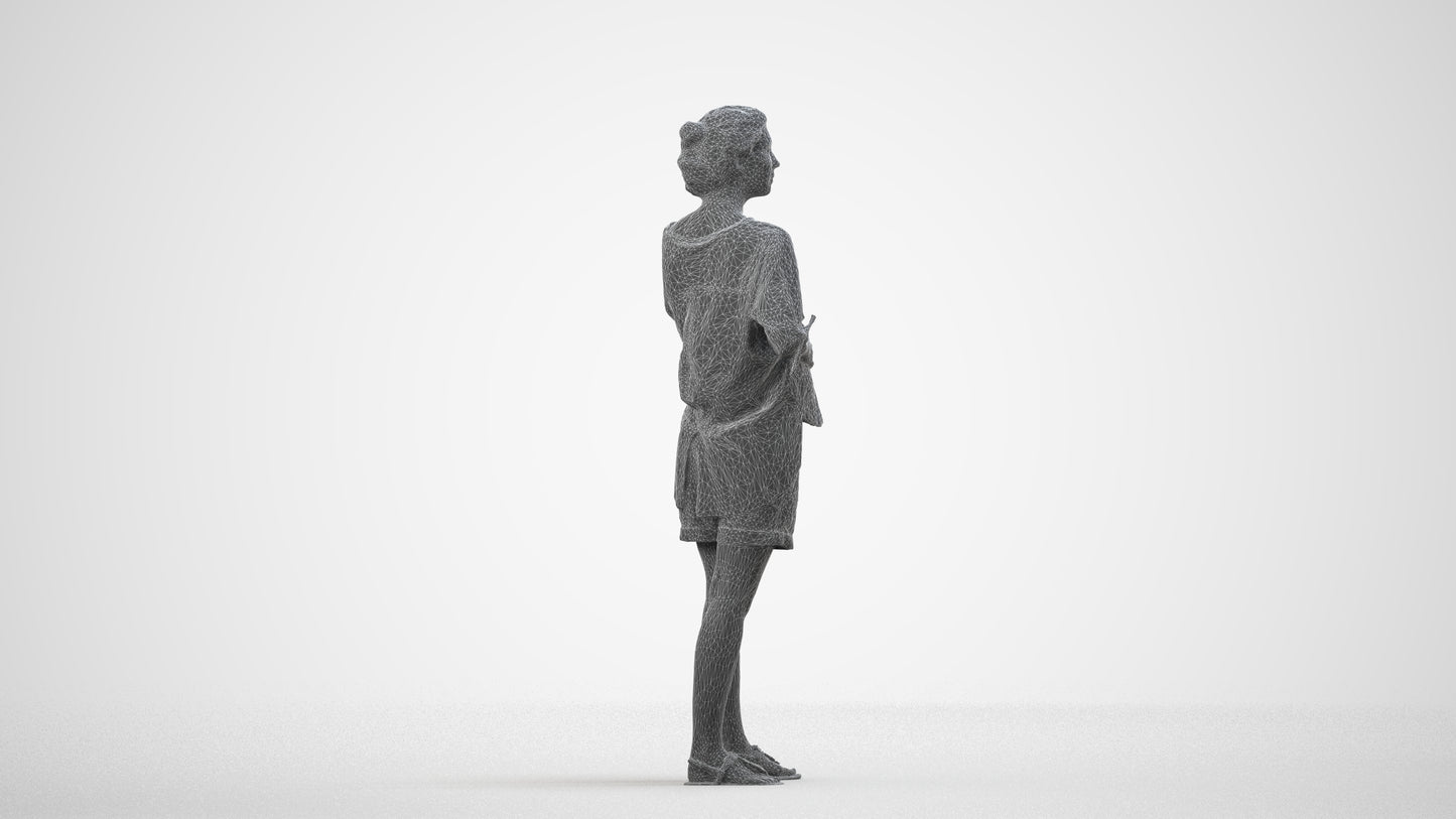 realistic 3D people woman casual standing, render-ready for V-Ray and Corona, FBX OBJ, wireframe side view