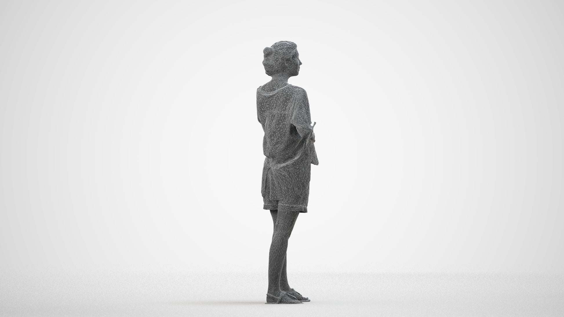 realistic 3D people woman casual standing, render-ready for V-Ray and Corona, FBX OBJ, wireframe side view