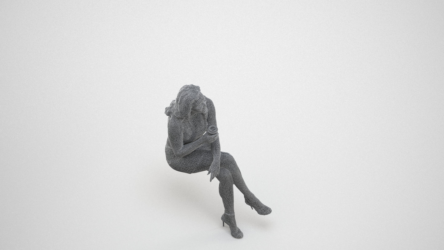 3D people model woman casual sitting, scanned human for 3ds Max rendering, wireframe three-quarter view