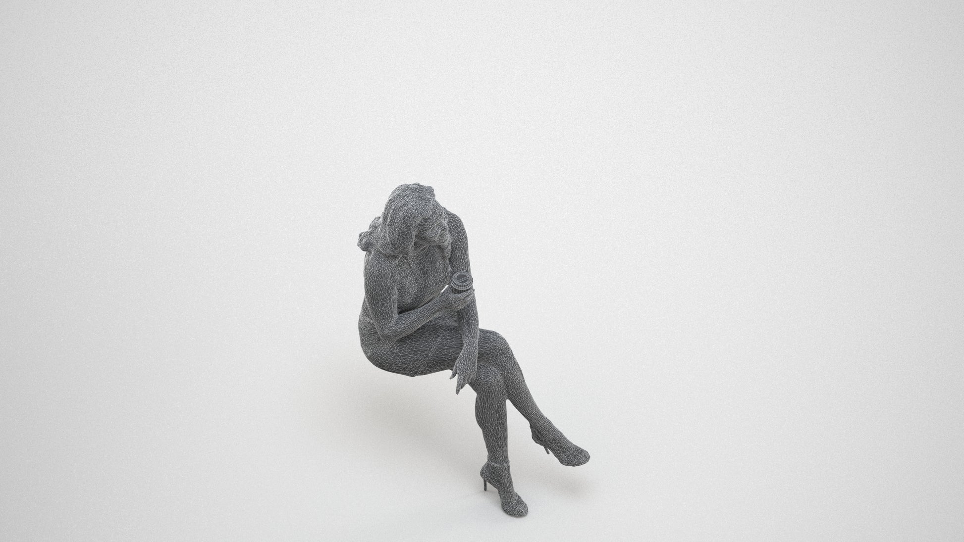3D people model woman casual sitting, scanned human for 3ds Max rendering, wireframe three-quarter view