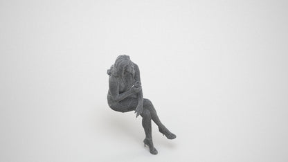 3D people model woman casual sitting, scanned human for 3ds Max rendering, wireframe three-quarter view