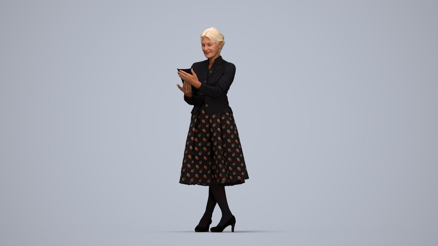 3D people model senior woman business standing, scanned human for 3ds Max rendering, top-down view render