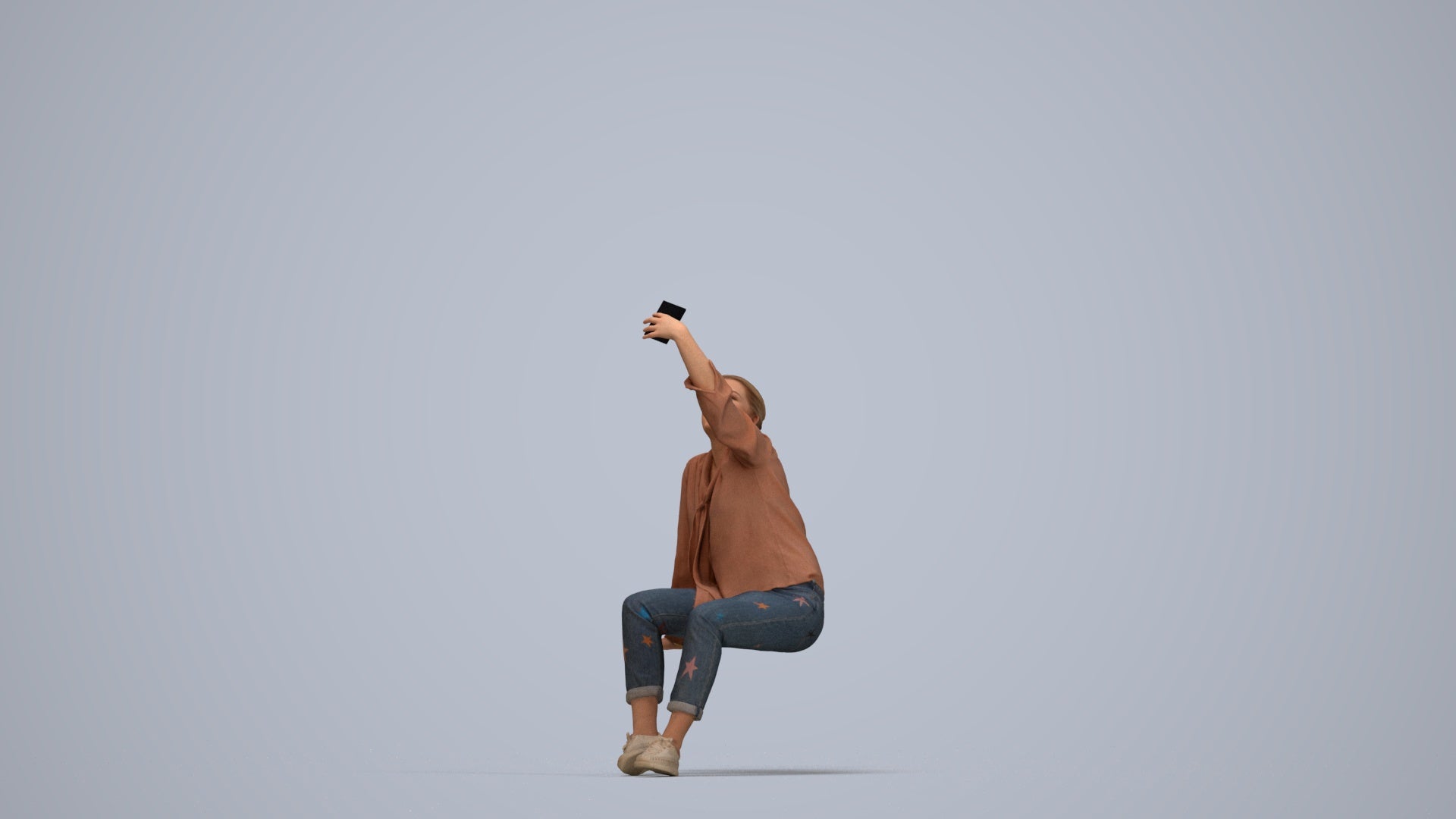 3D people model woman casual sitting, scanned human for 3ds Max rendering, top-down view render