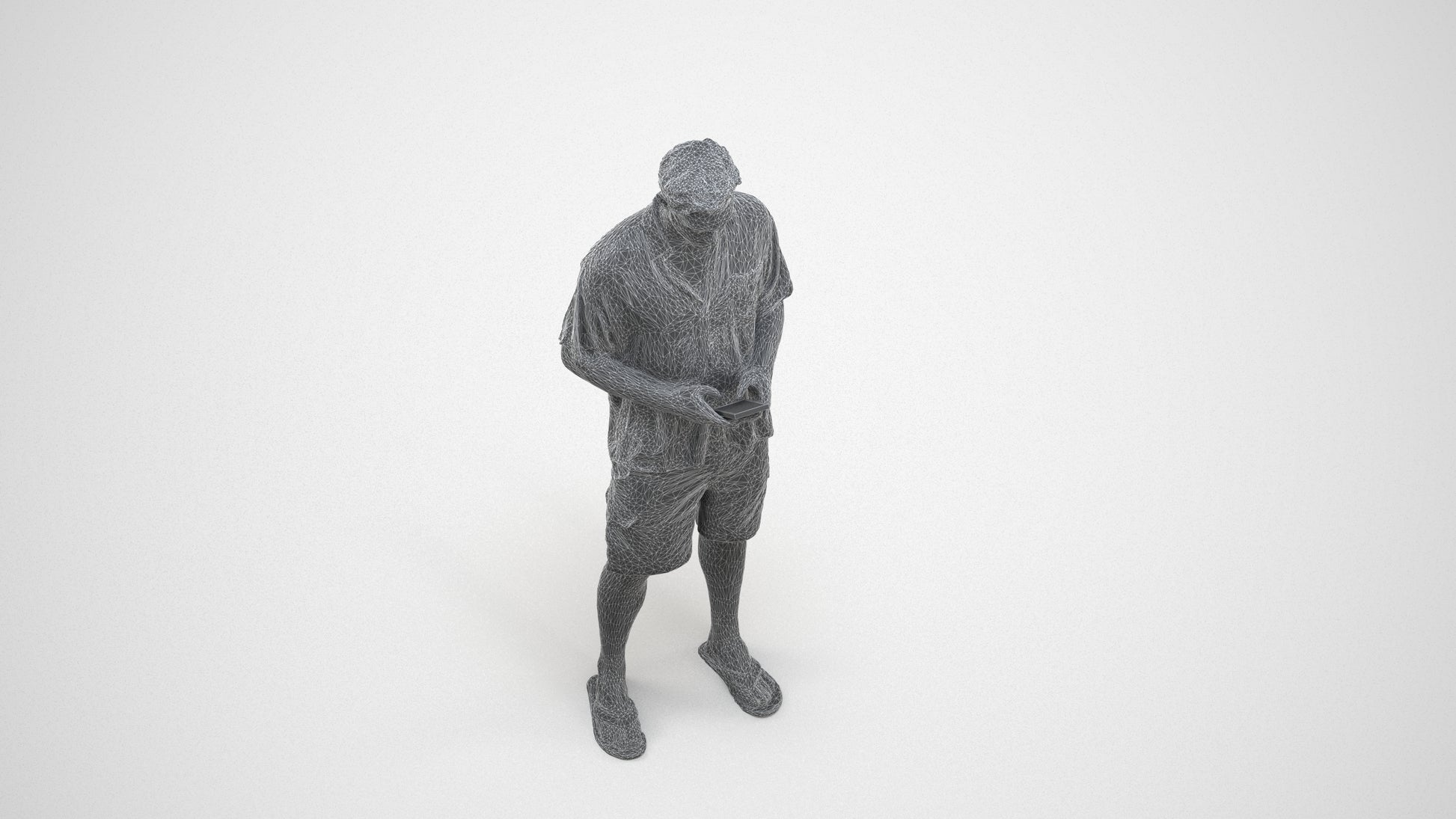 3D human model man casual standing, photogrammetry scanned person for archviz, wireframe three-quarter view