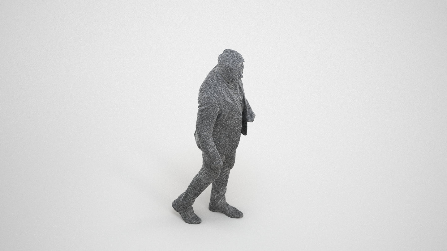 photogrammetry 3D man business walking, realistic human model archviz FBX, wireframe three-quarter view