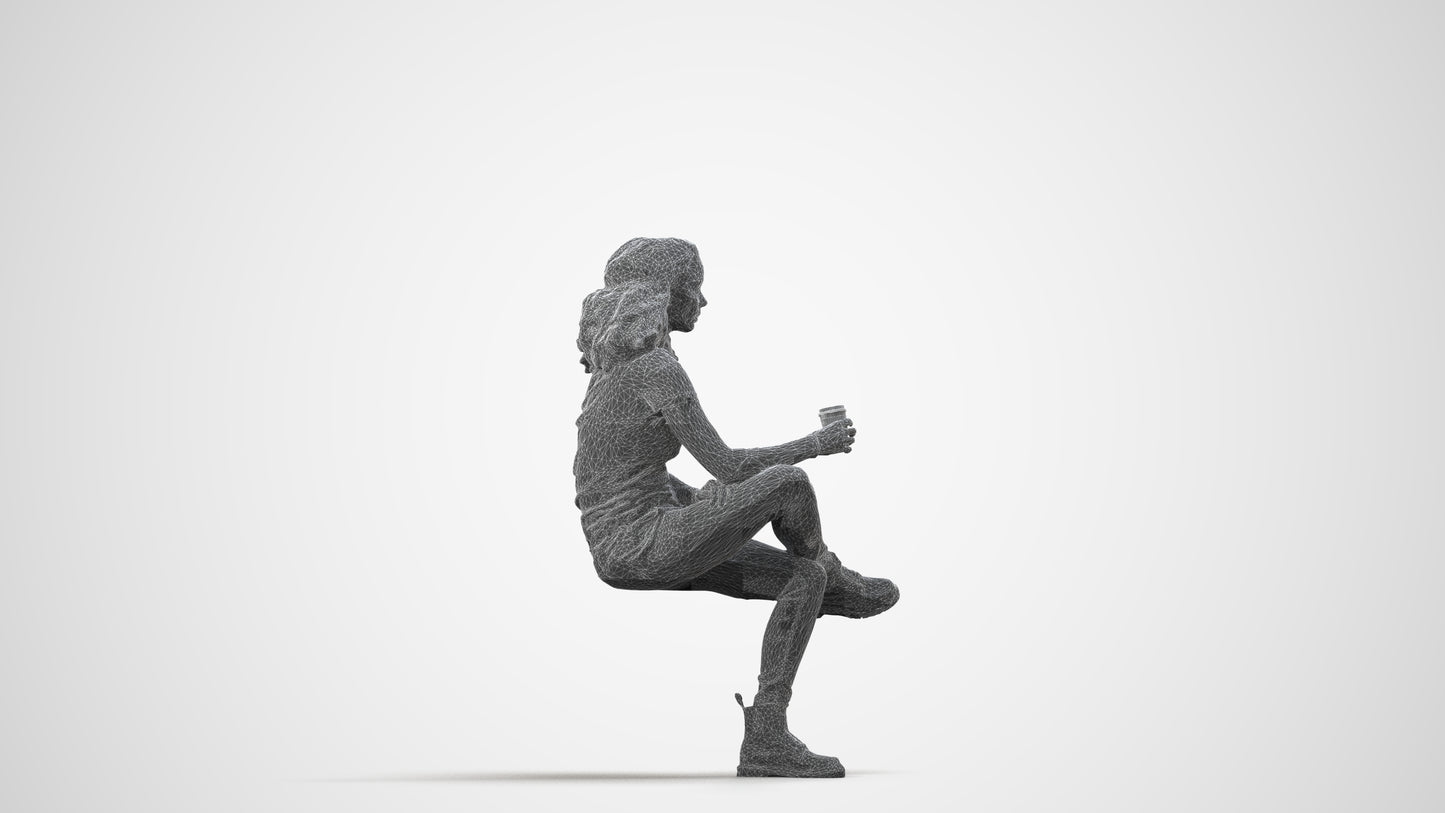 realistic 3D human woman casual sitting, archviz people FBX OBJ for Blender, wireframe side view