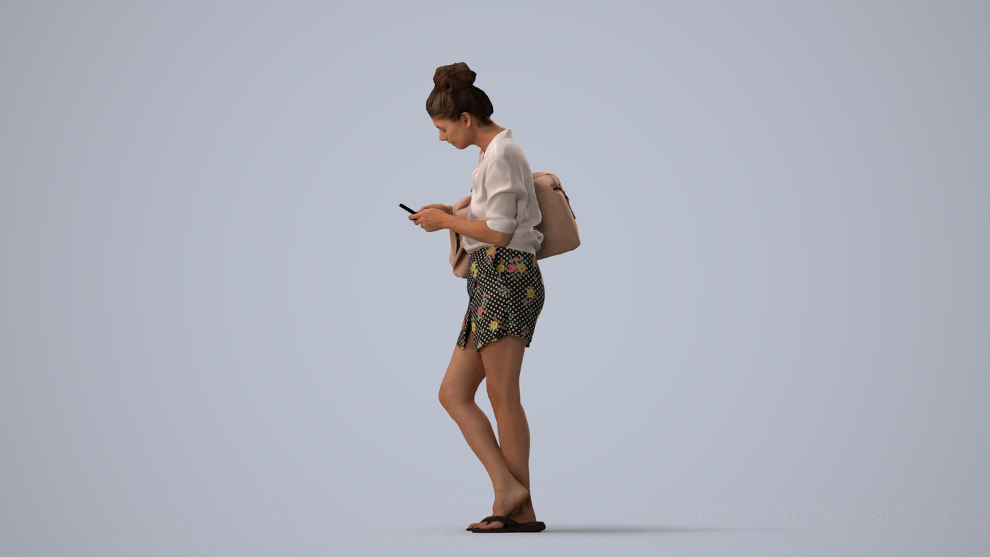 3D scanned woman standing casual, photorealistic archviz people for Enscape and SketchUp, three-quarter view render