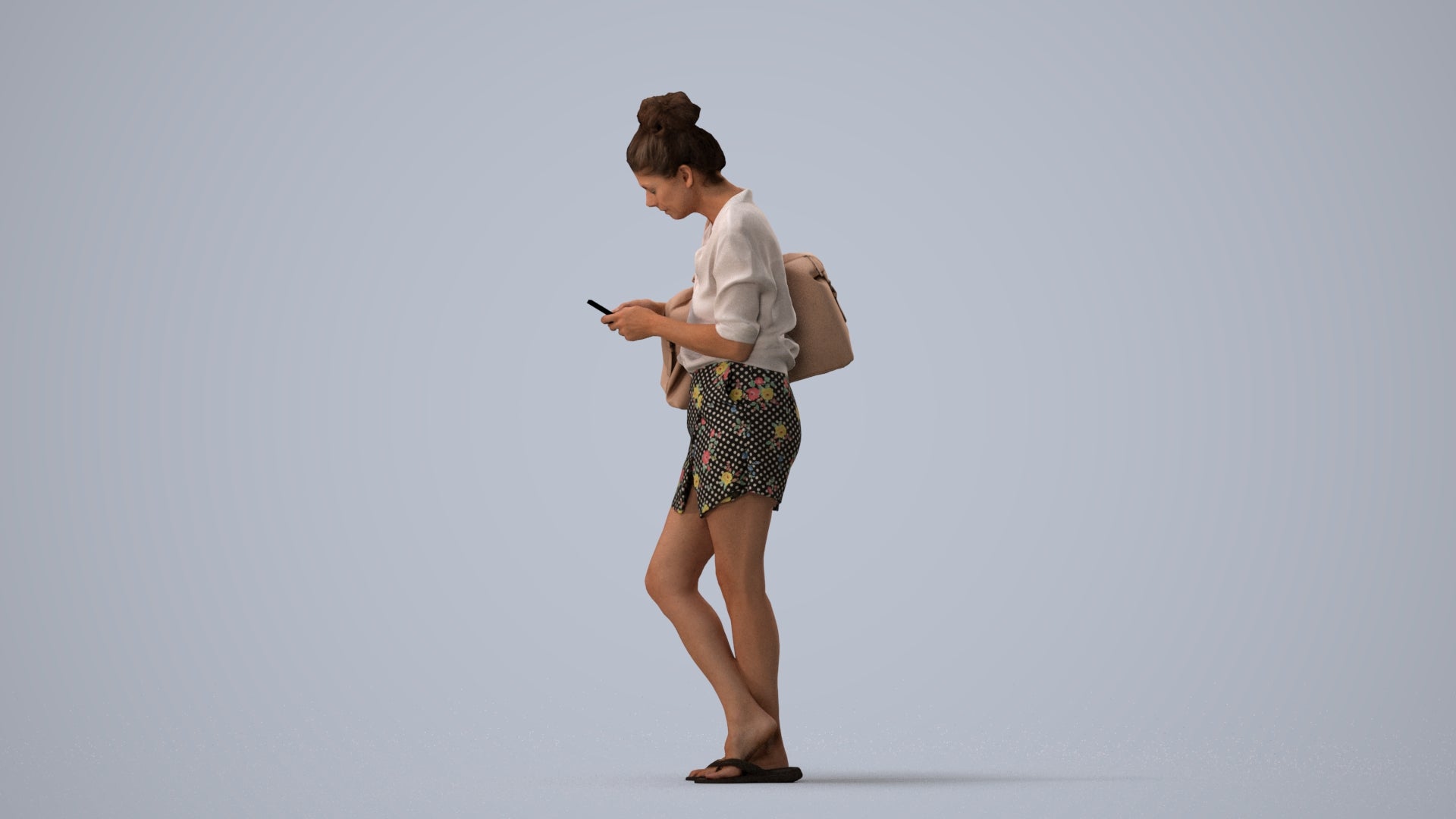 3D scanned woman standing casual, photorealistic archviz people for Enscape and SketchUp, three-quarter view render