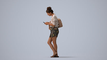 3D scanned woman standing casual, photorealistic archviz people for Enscape and SketchUp, three-quarter view render
