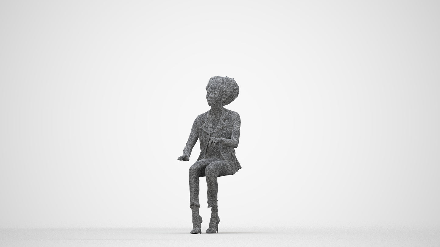 3D scanned woman sitting business, photorealistic archviz people for Enscape and SketchUp, wireframe back view