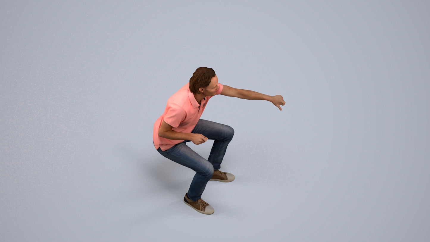 realistic 3D man casual sitting, scanned archviz people for Blender and 3ds Max, back view render