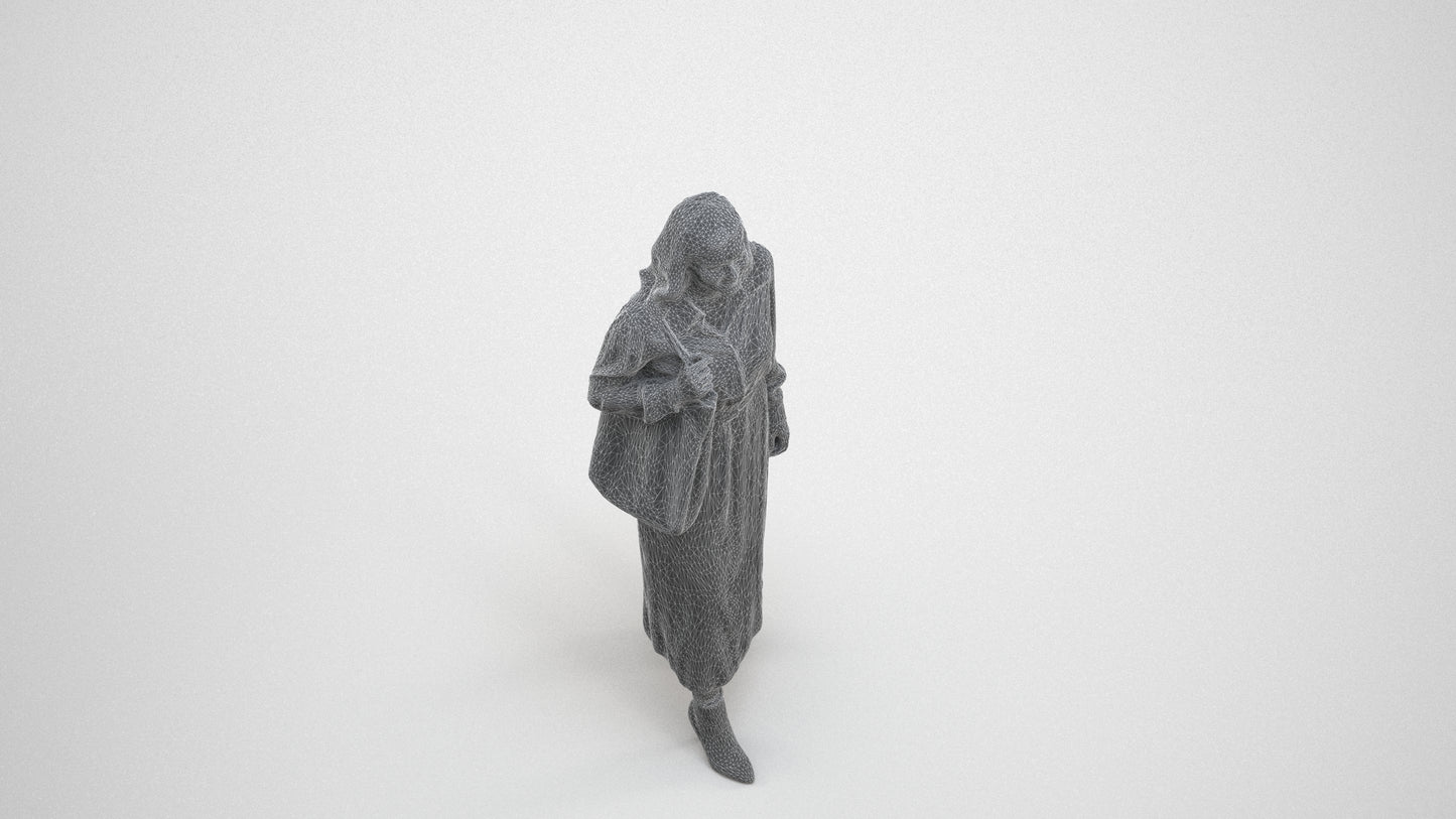 3D human model woman casual walking, photogrammetry scanned person for archviz, wireframe three-quarter view