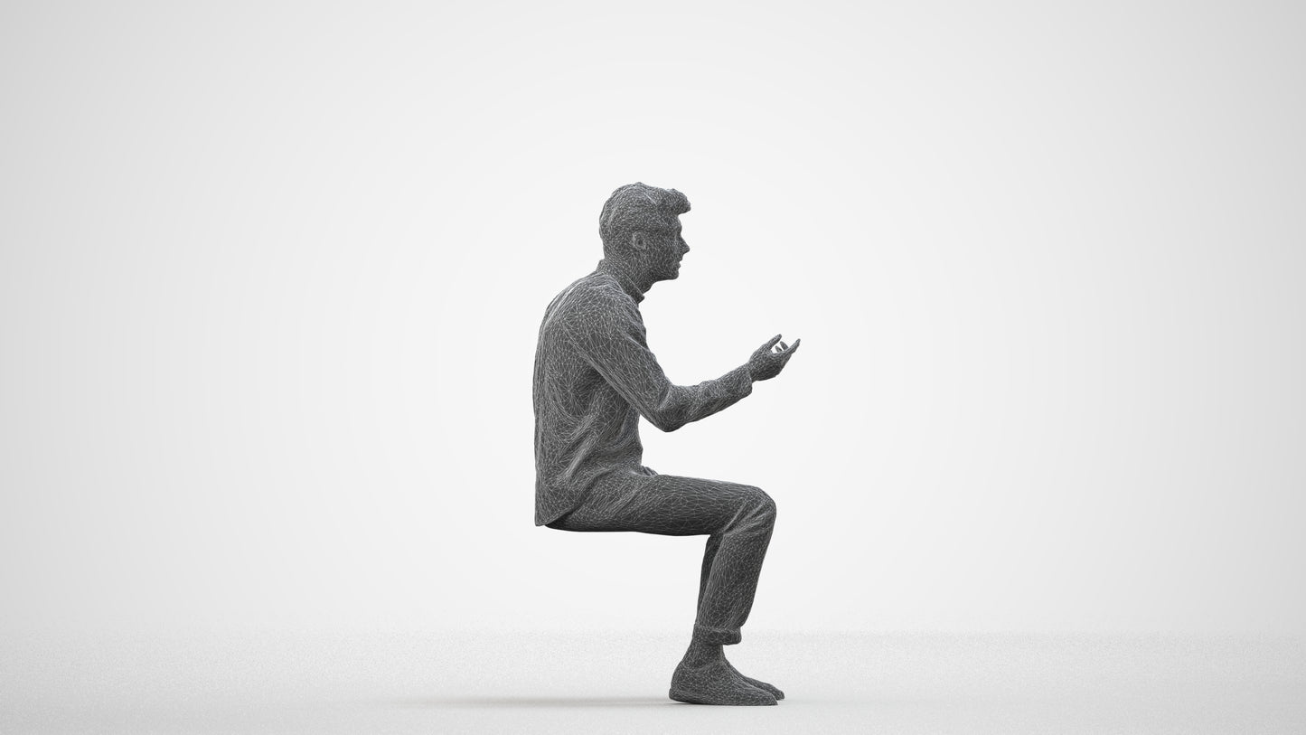 realistic 3D people man casual sitting, render-ready for V-Ray and Corona, FBX OBJ, wireframe side view