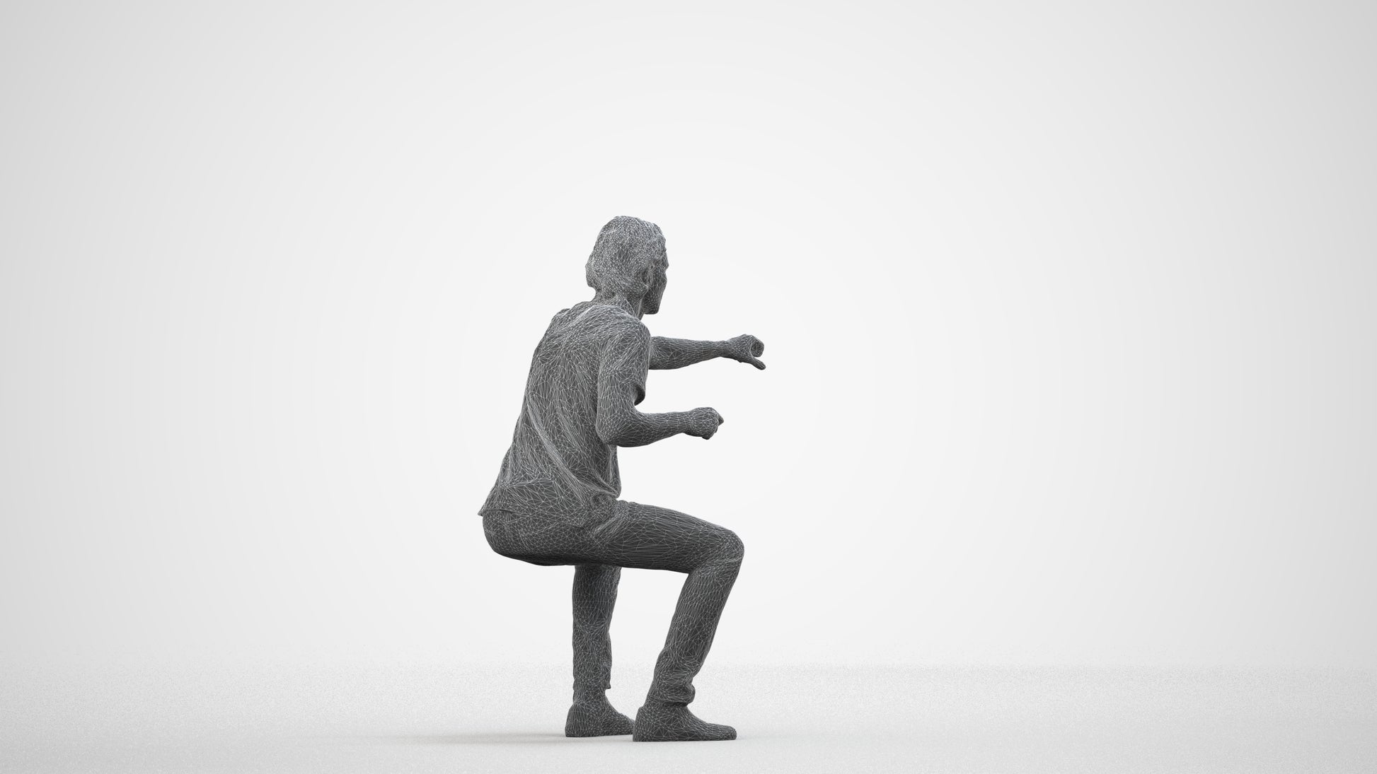 realistic 3D man casual sitting, scanned archviz people for Blender and 3ds Max, wireframe side view