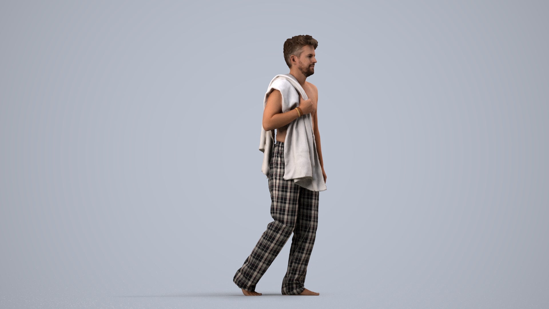 3D human model person bathroom, photogrammetry scanned person for archviz, side view render