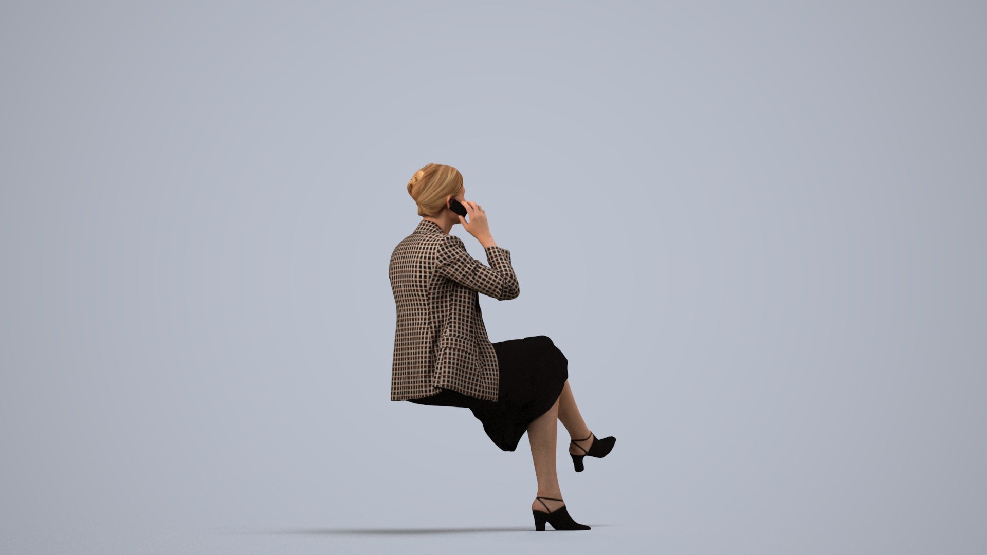 3D human model woman business sitting, photogrammetry scanned person for archviz, side view render
