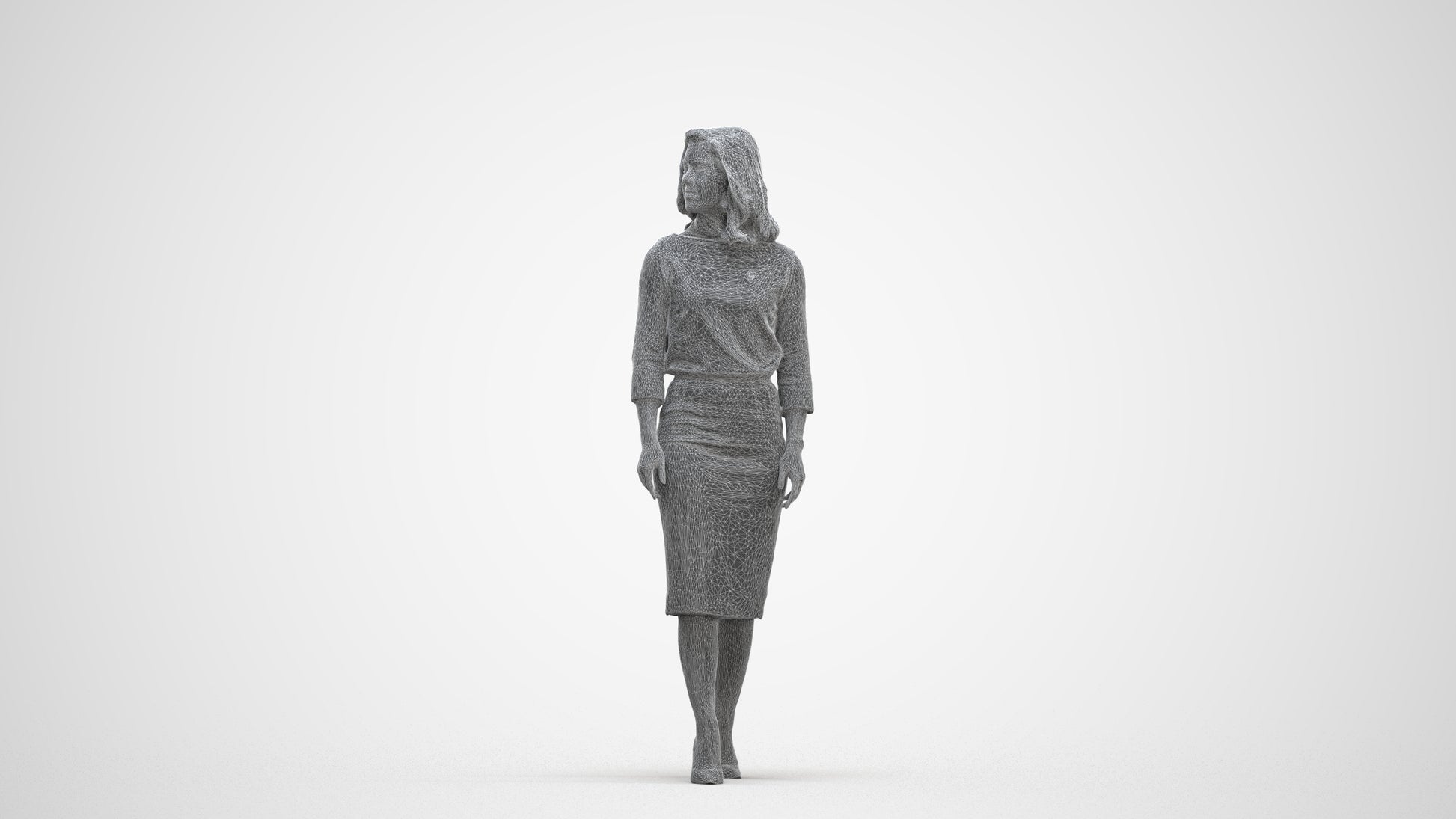 realistic 3D woman business standing, scanned archviz people for Blender and 3ds Max, three-quarter front view render