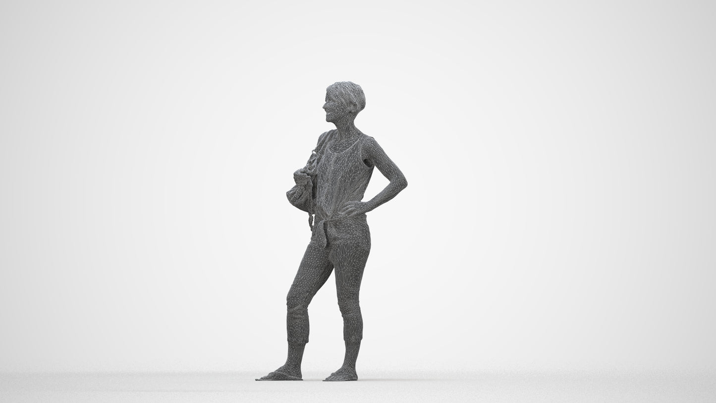 3D people model senior woman standing, scanned human for 3ds Max rendering, wireframe back view