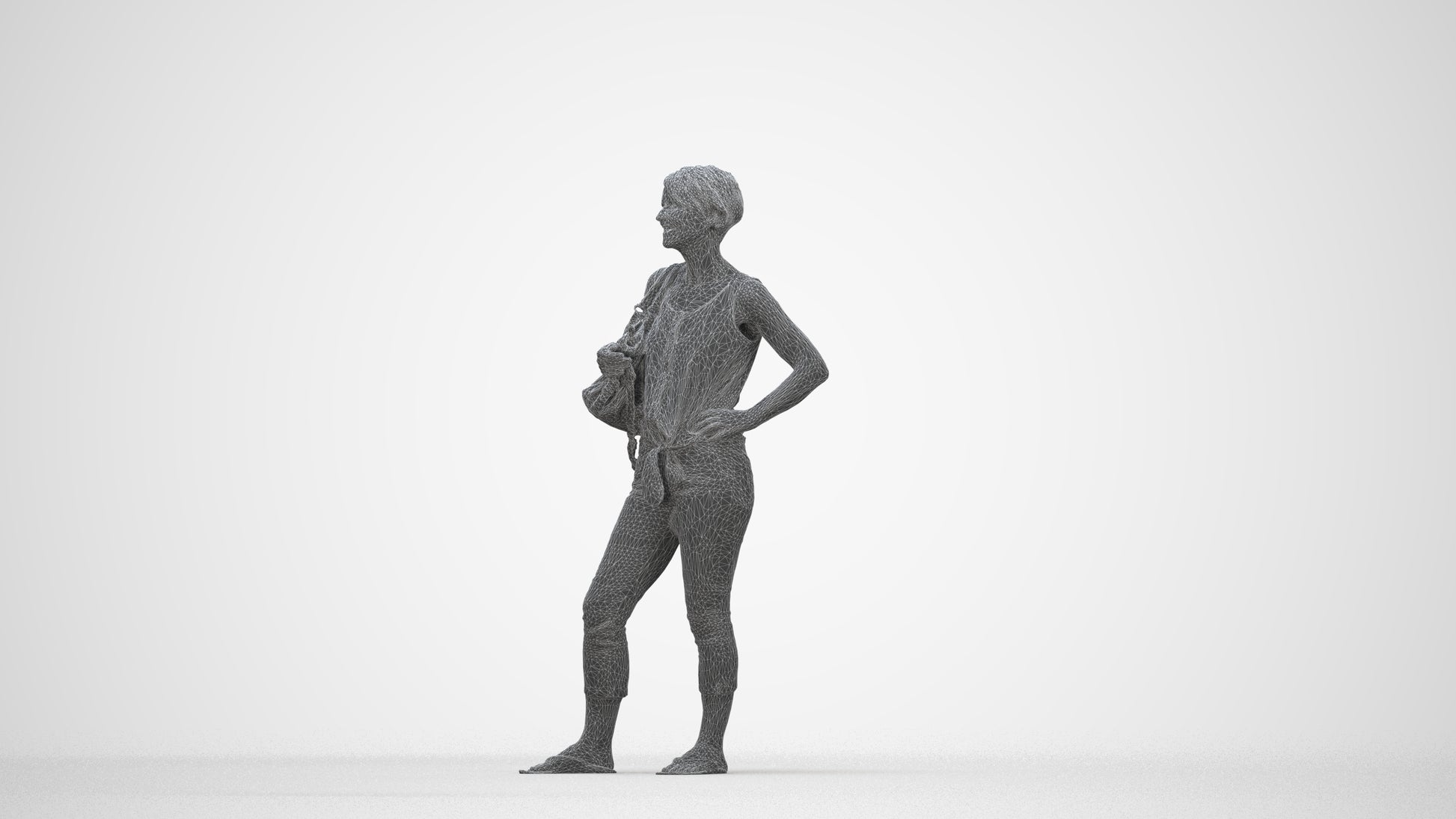 3D people model senior woman standing, scanned human for 3ds Max rendering, wireframe back view