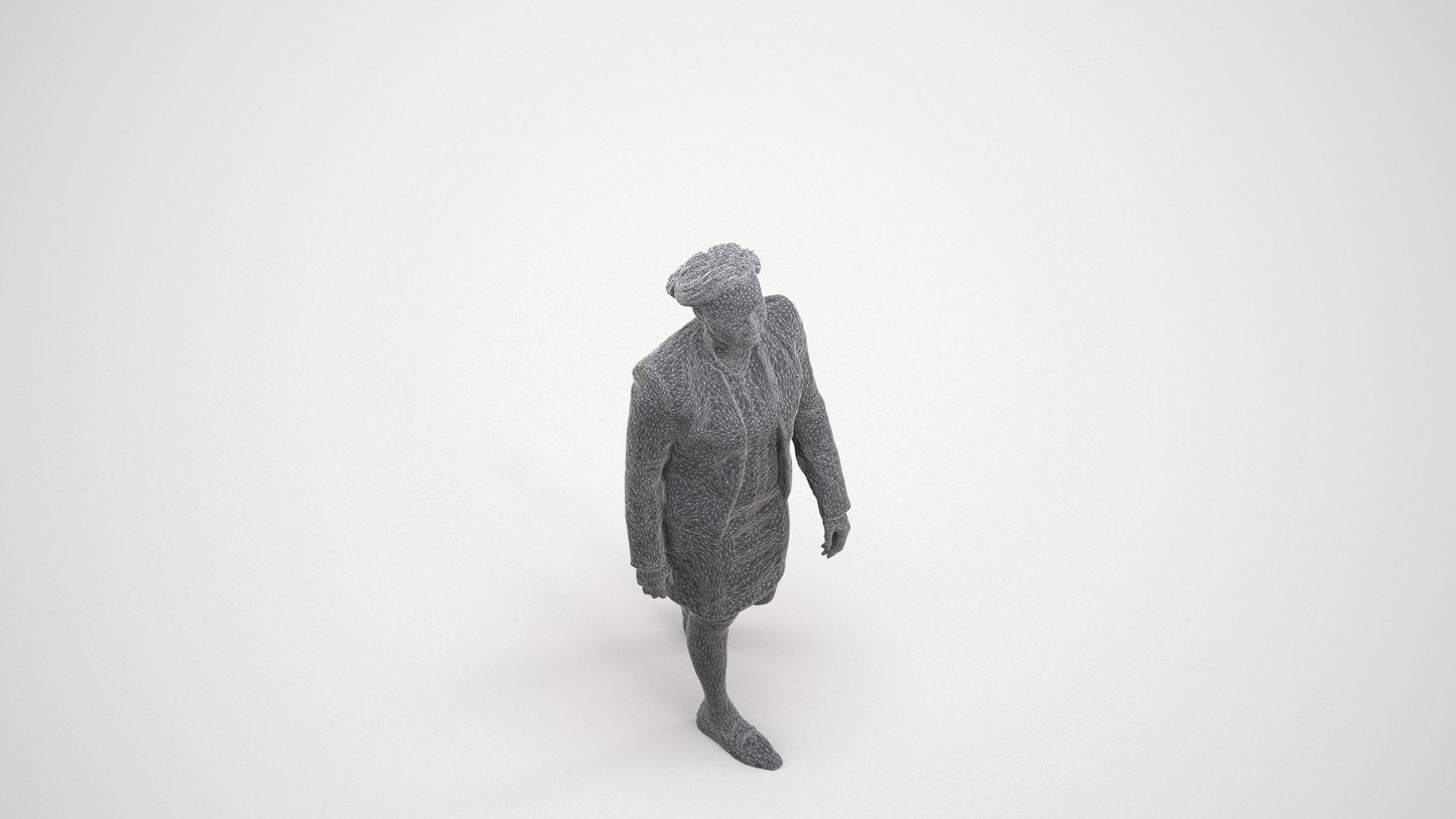 realistic 3D human woman business walking, archviz people FBX OBJ for Blender, wireframe three-quarter view