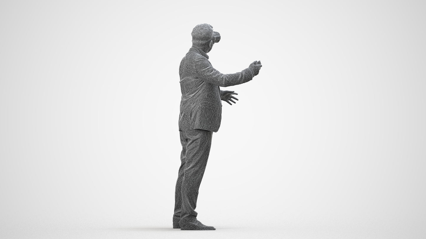 3D scanned man standing business, photorealistic archviz people for Enscape and SketchUp, wireframe side view