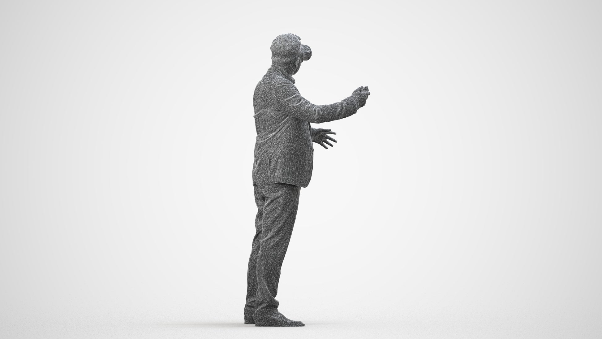 3D scanned man standing business, photorealistic archviz people for Enscape and SketchUp, wireframe side view