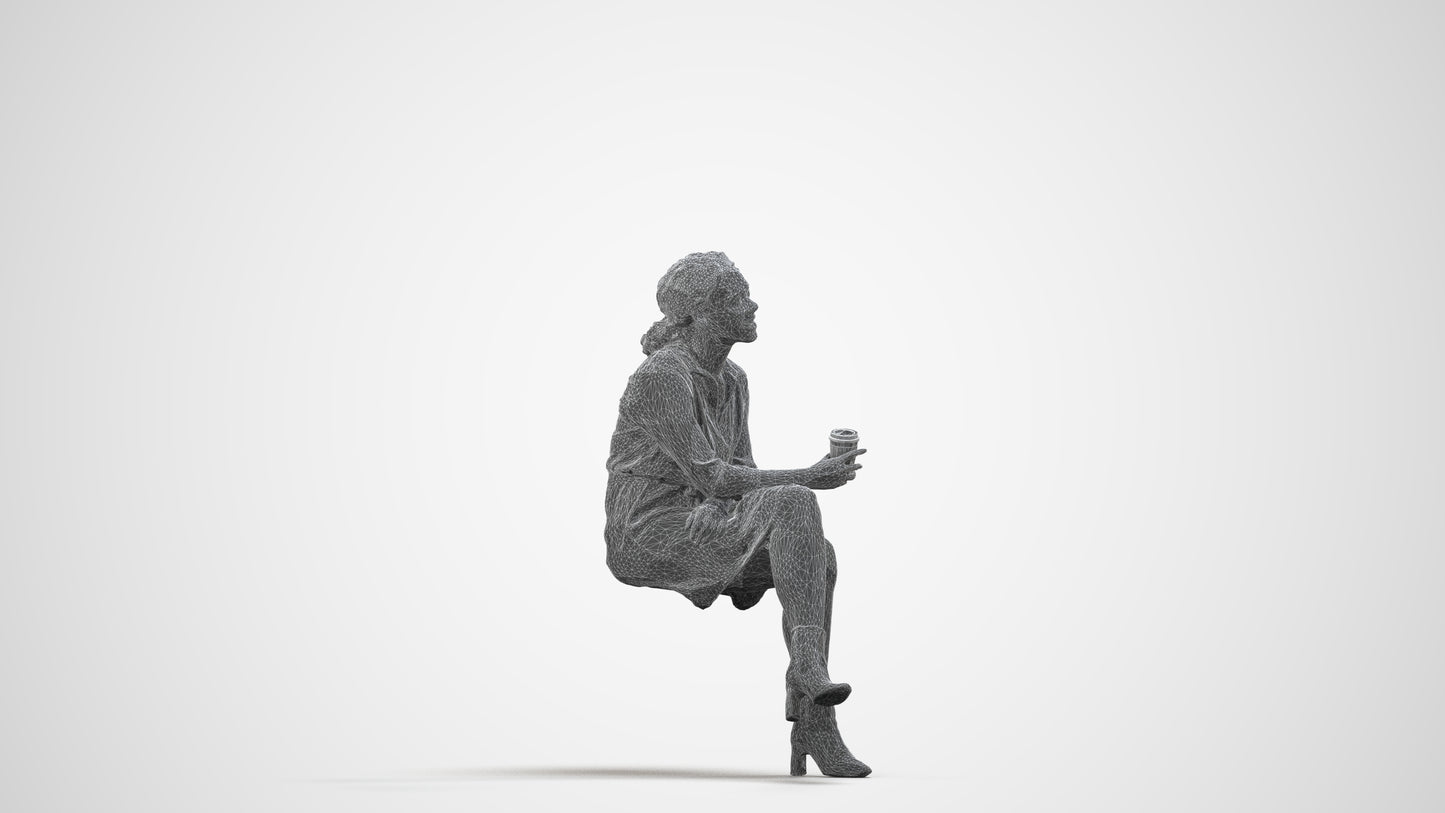 3D scanned woman sitting casual, photorealistic archviz people for Enscape and SketchUp, wireframe side view