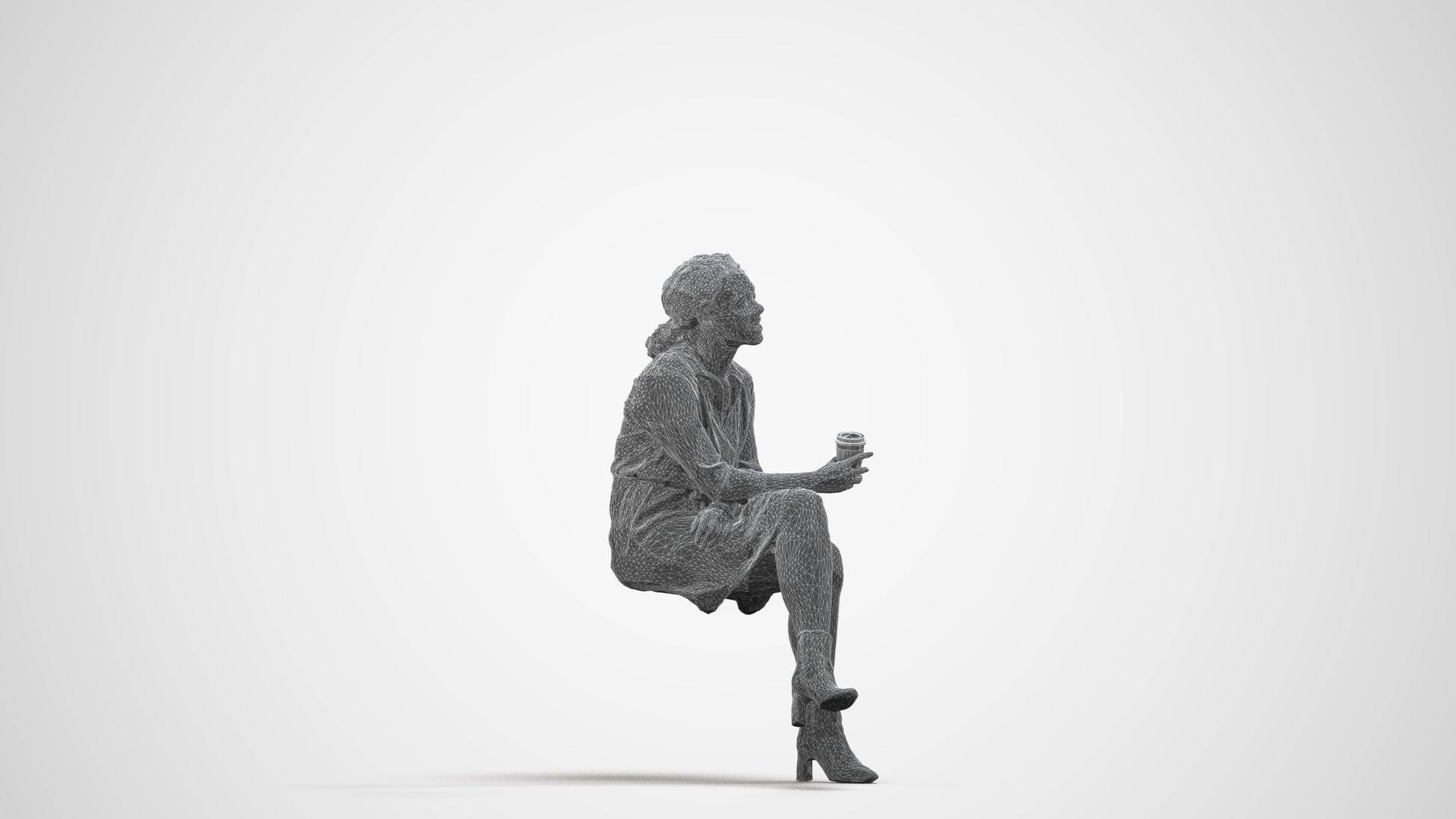 3D scanned woman sitting casual, photorealistic archviz people for Enscape and SketchUp, wireframe side view