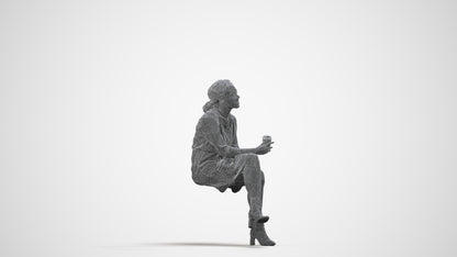 3D scanned woman sitting casual, photorealistic archviz people for Enscape and SketchUp, wireframe side view