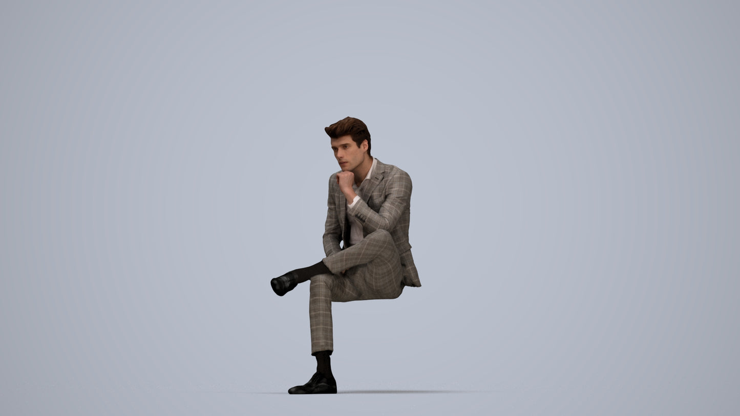 3D human model man business, photogrammetry scanned person for archviz, top-down view render