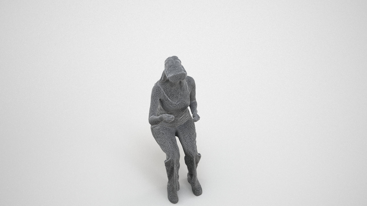 photogrammetry 3D woman casual sitting, realistic human model archviz FBX, wireframe three-quarter view