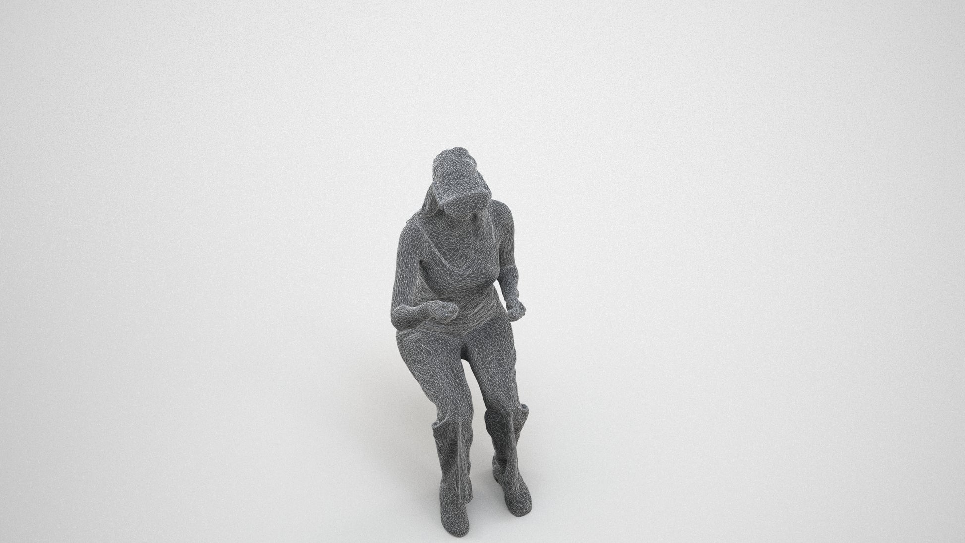 photogrammetry 3D woman casual sitting, realistic human model archviz FBX, wireframe three-quarter view